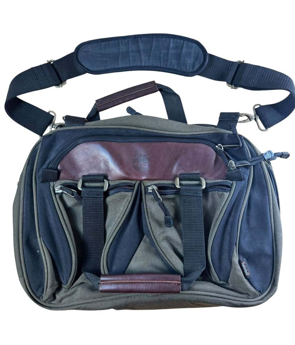 Timberland Green and Black Canvas Leather Laptop Briefcase Messenger Bag